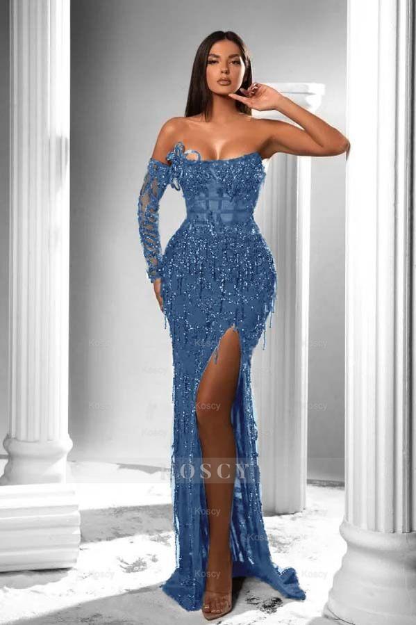 fitted lace wedding dress Long Sleeve Two Pieces Sexy Wedding Dresses Sheath/Column Split Bridal Gown  SEW009 main image 0