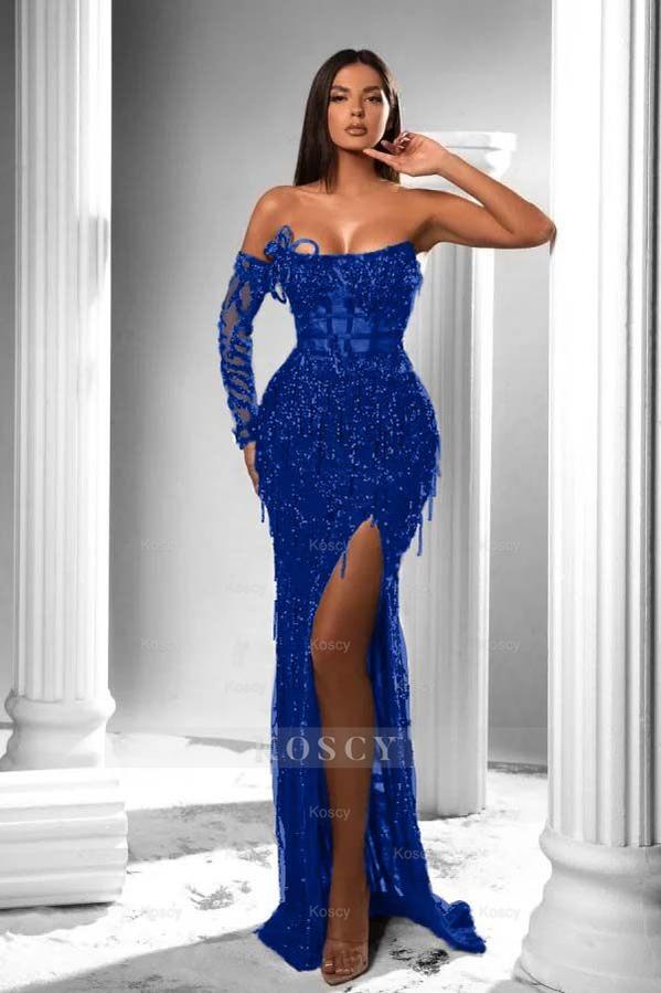 Strapless Long Sleeve High Split Long Formal Dress With Appliques Strapless Long Sleeve High Split Long Formal Dress With Appliques