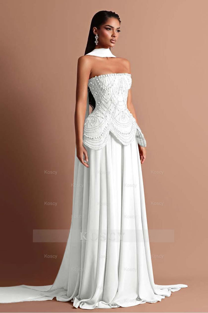 Strapless Sleeveless Long Formal Dress With Beading Pleated Wrap Strapless Sleeveless Long Formal Dress With Beading Pleated Wrap