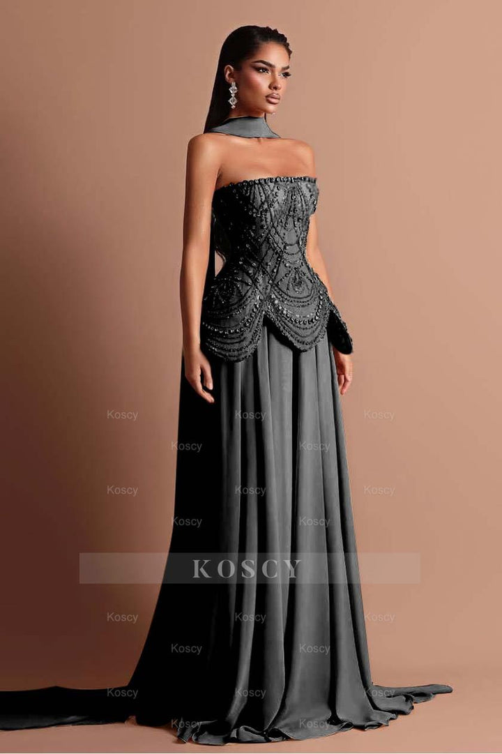puff sleeve semi formal dress Strapless Sleeveless Long Formal Dress With Beading Pleated Wrap