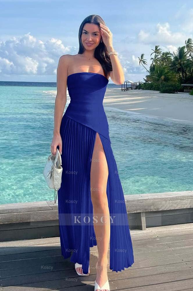white christmas dresses Strapless Sleeveless Long High Split Formal Dress with Ruffles