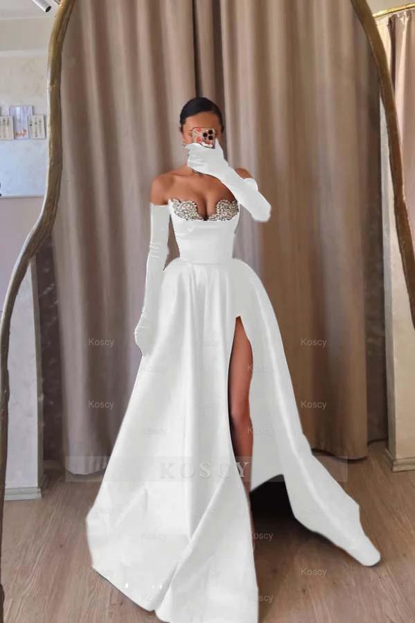 Strapless Sleeveless Long Split Formal Dress With Beading Long Gloves Strapless Sleeveless Long Split Formal Dress With Beading Long Gloves