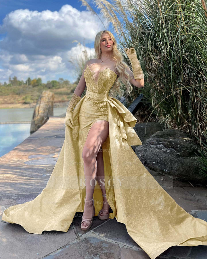 Strapless Sleeveless Long Split Formal Dress With Gloves Beading Strapless Sleeveless Long Split Formal Dress With Gloves Beading