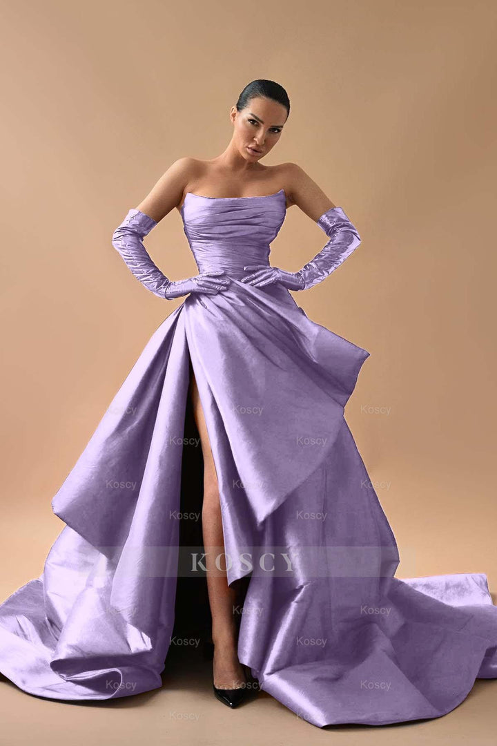 Strapless Sleeveless Long Split Formal Dress With Gloves Pleated Strapless Sleeveless Long Split Formal Dress With Gloves Pleated