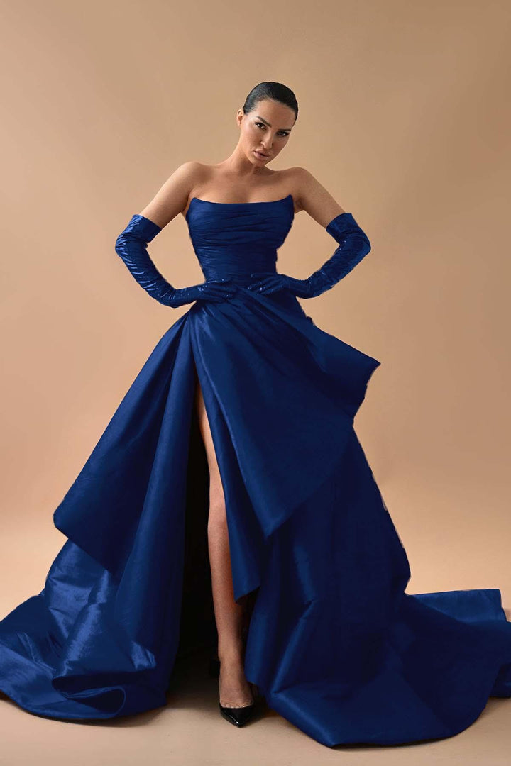 Strapless Sleeveless Long Split Formal Dress With Gloves Pleated