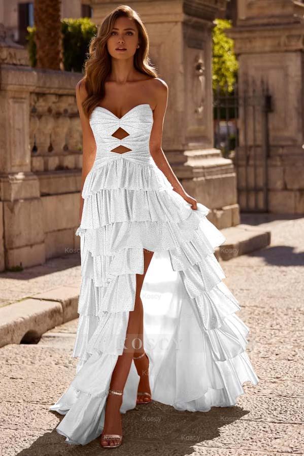 white strapless dress with split Strapless Sleeveless Long Split Formal Dress With Pleated Beading