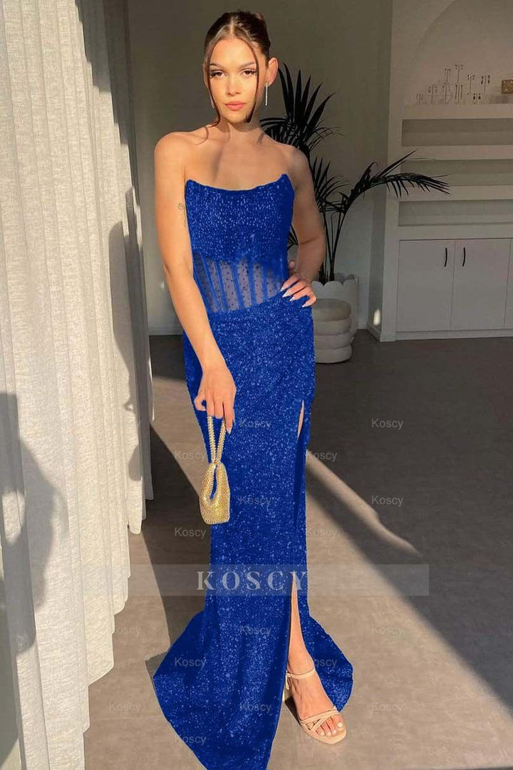 strapless mermaid maxi dress Strapless Sleeveless Mermaid Long Split Formal Dress With Sequins