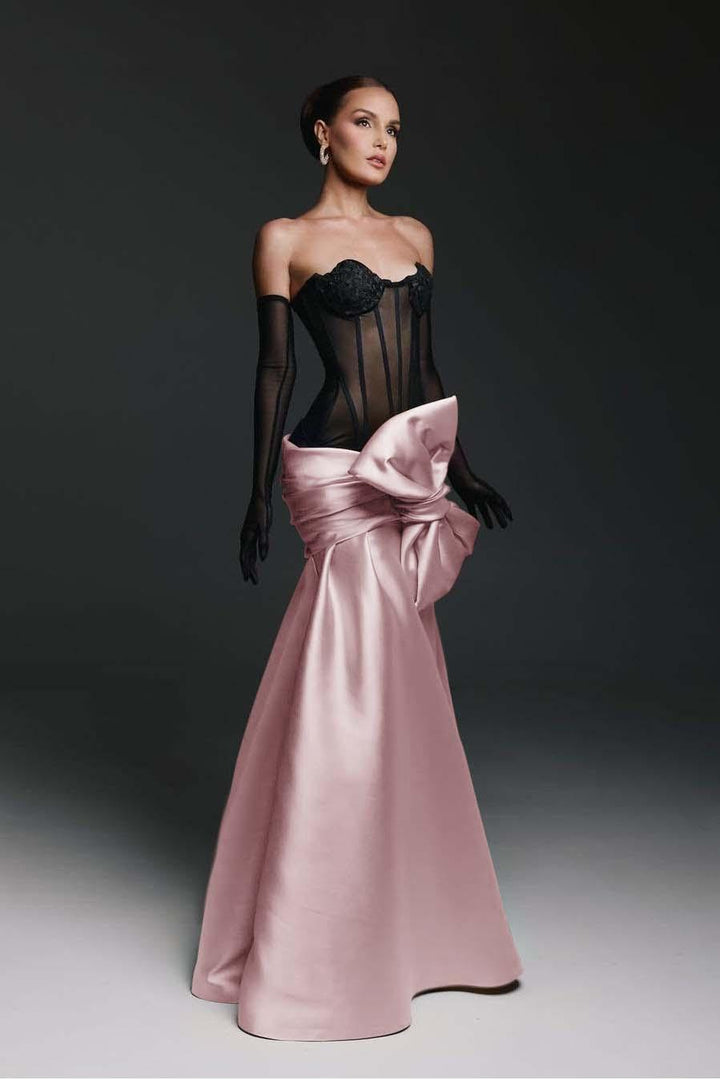 pink dress with gloves Strapless Sweetheart Sleeveless Long Mermaid Formal Dress With Gloves