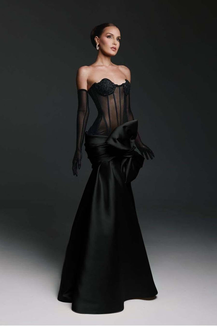 black strapless dress with gloves Elegant Black Dress - Velvet Maxi Dress - Strapless Maxi Dress