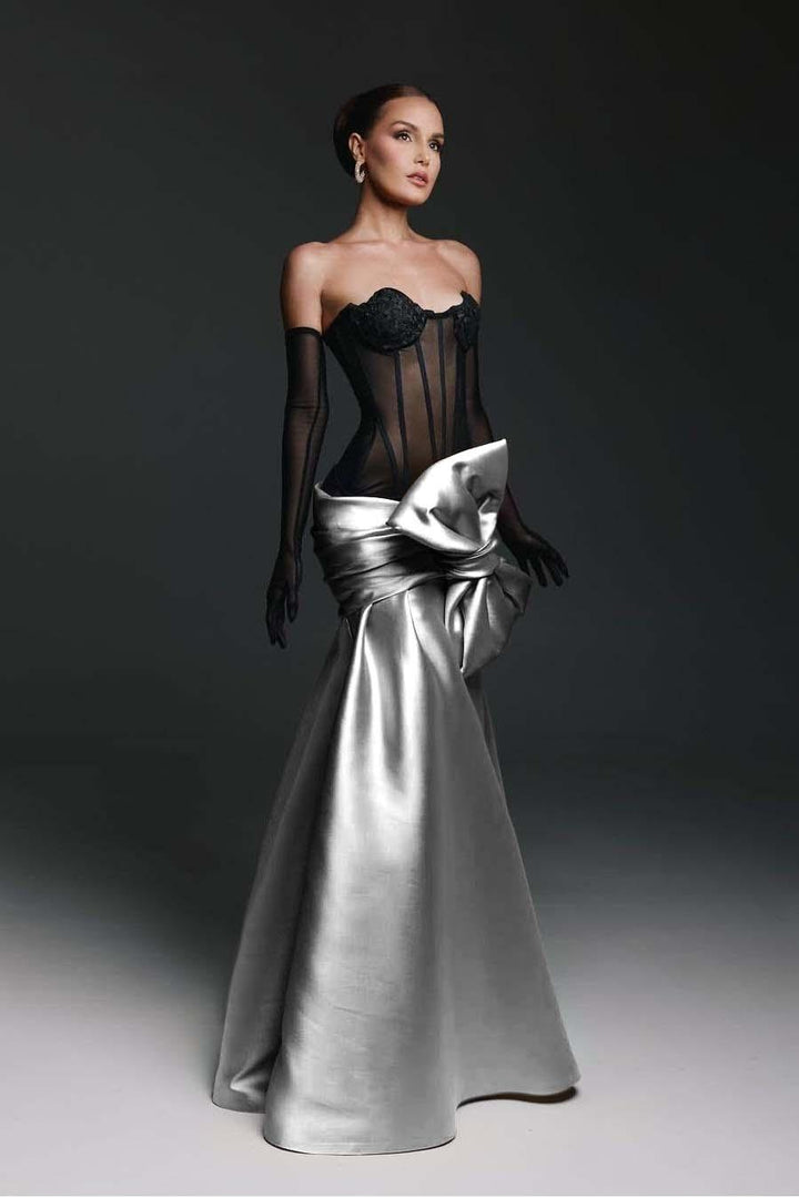 elegant dress with gloves Strapless Sweetheart Sleeveless Long Mermaid Formal badge::trending-34 Lily Collins White Chiffon Beaded Length Size:14-XL
