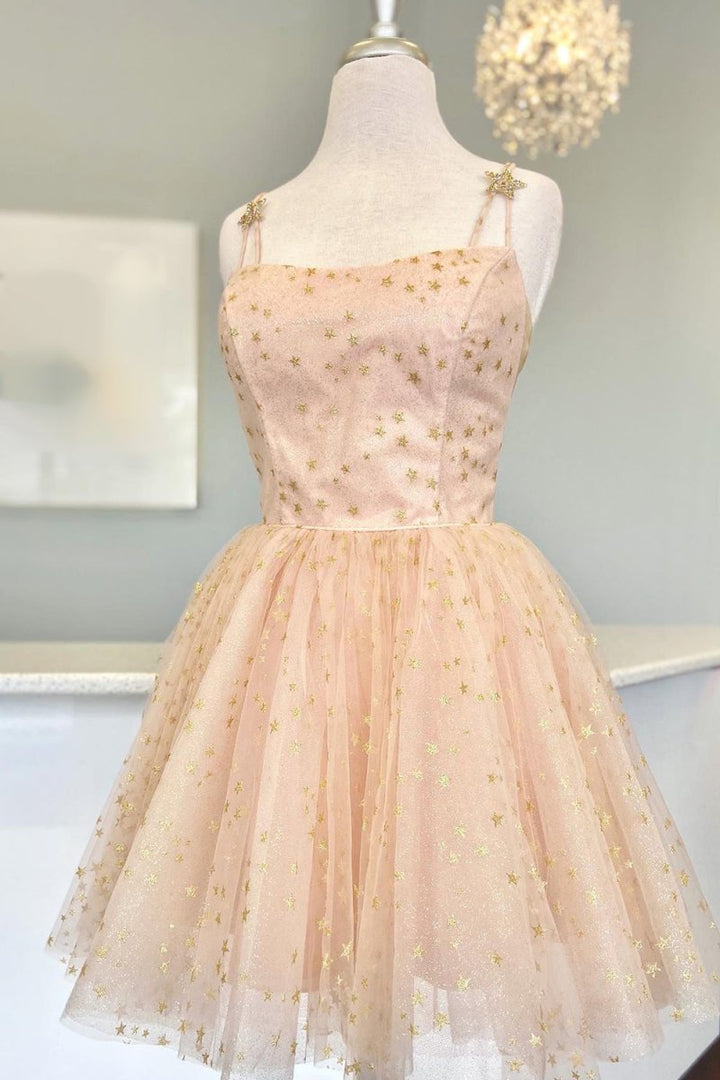 Koscy Straps Champagne A-Line Tulle Homecoming Dress with Gold Stars