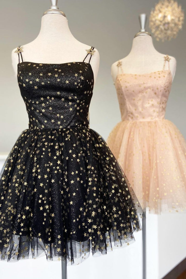Koscy Straps Champagne A-Line Tulle Homecoming Dress with Gold Stars