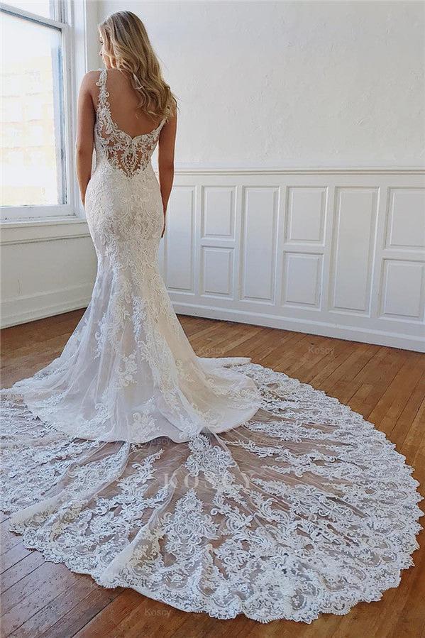 fitted lace wedding dress Straps Lace Appliques Crystal Mermaid Wedding Gown