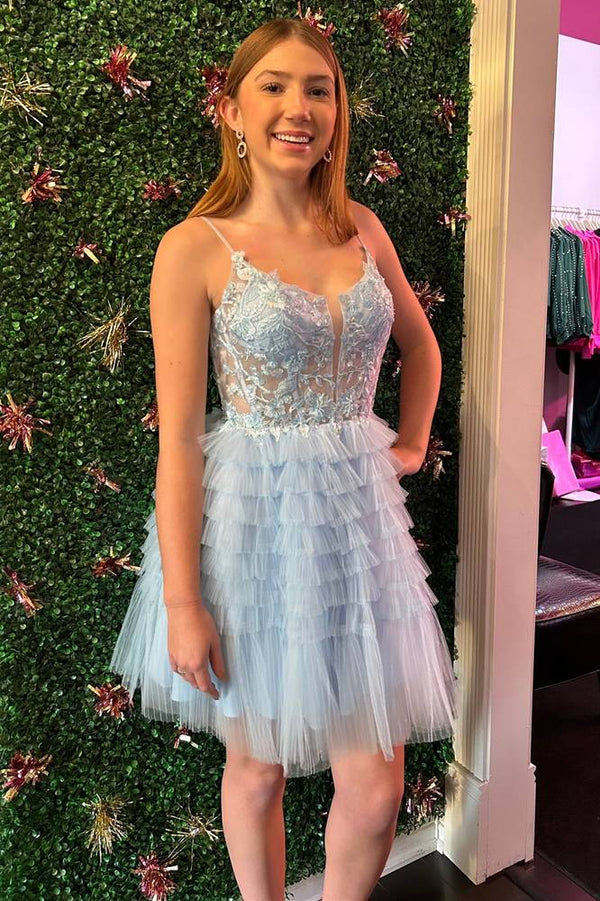 Koscy Straps Sky Blue Corset A-Line Ruffle Homecoming Dress