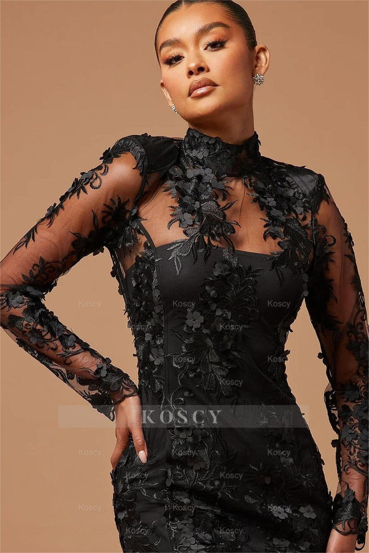 knee length dresses for ladies Black Long Sleeve Ball Gown V Back Appliques Homecoming Dress, Short Prom  Dress, MH117