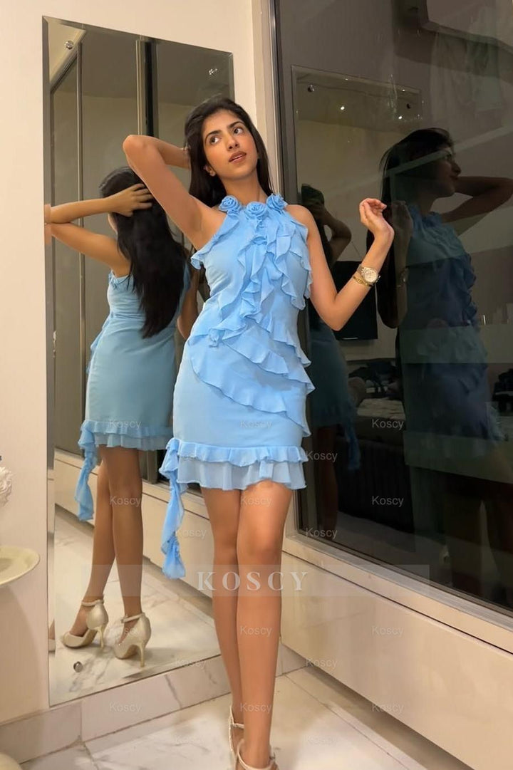 Stunning Halter Sleeveless Short Formal Dress With Ruffles Pleated Stunning Halter Sleeveless Short Formal Dress With Ruffles Pleated