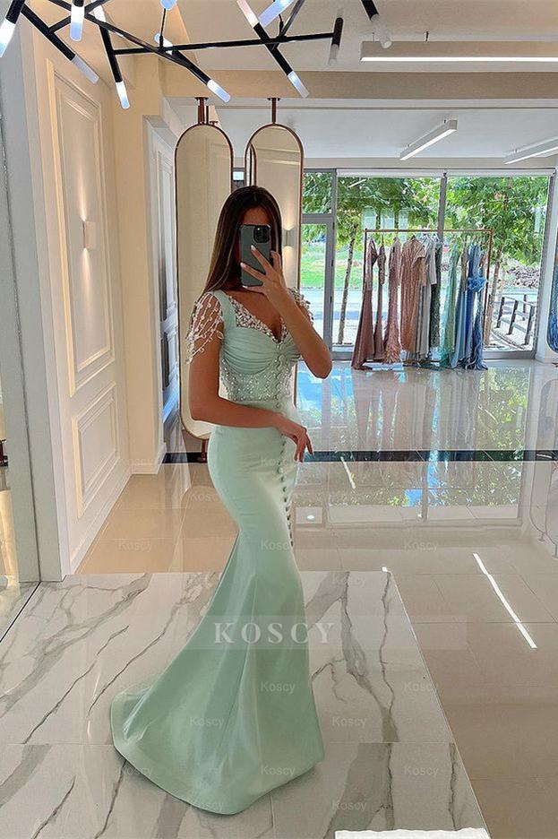 Stunning Mint Green Cap Sleeves Prom Dress with Long Front Slit and Bu