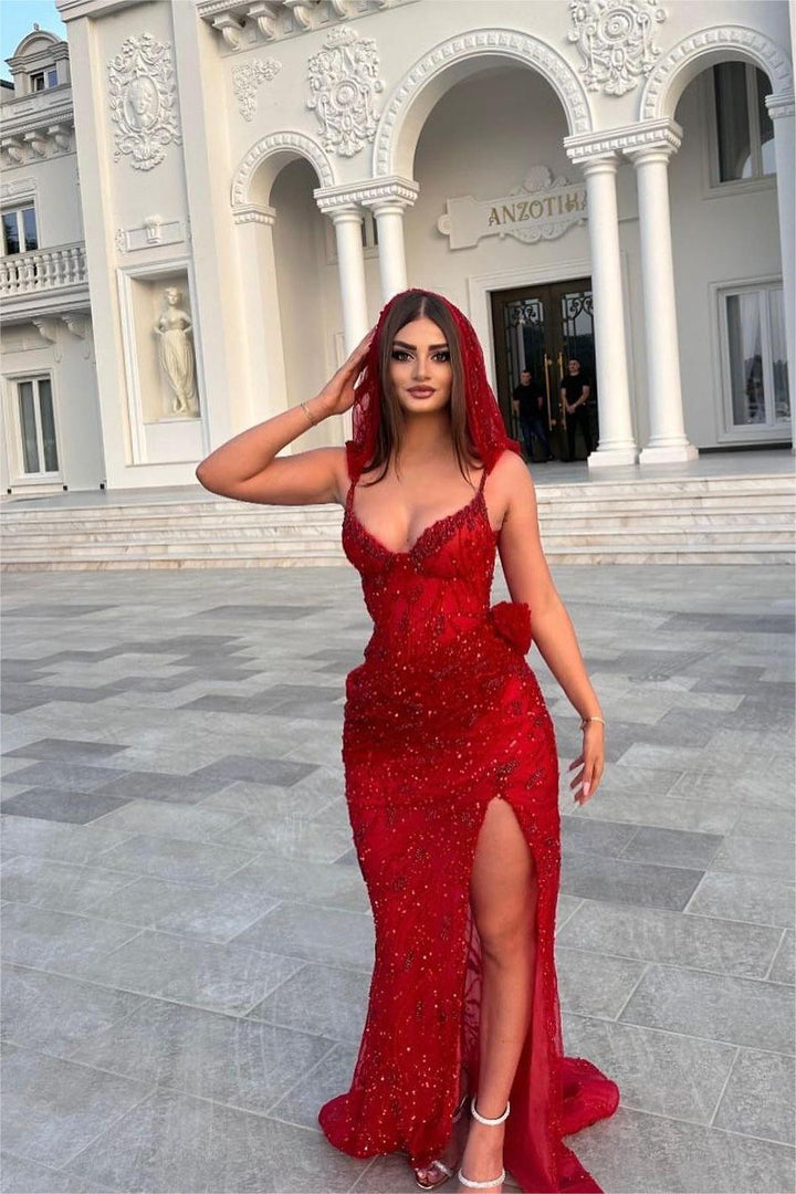 Stunning Red Sequins Spaghetti Strap Sleeveless Long Formal Dress With Split Stunning Red Sequins Spaghetti Strap Sleeveless Long Formal Dress With Split