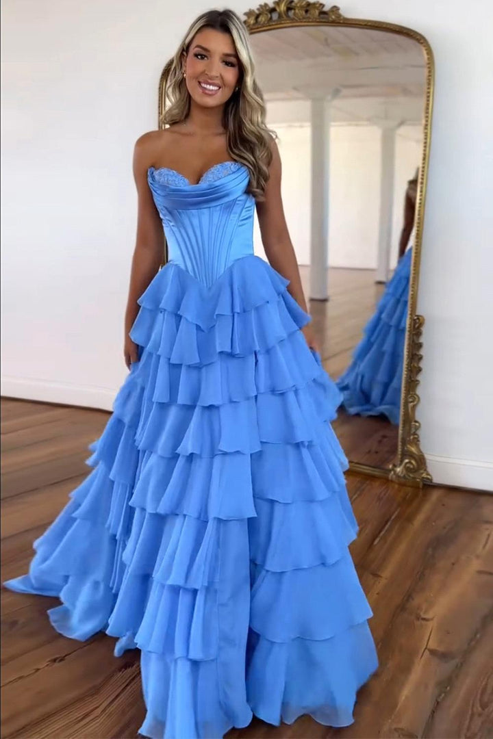 Sweetheart A-Line Blue Prom Dress Strapless Tiered Corset Long Evening