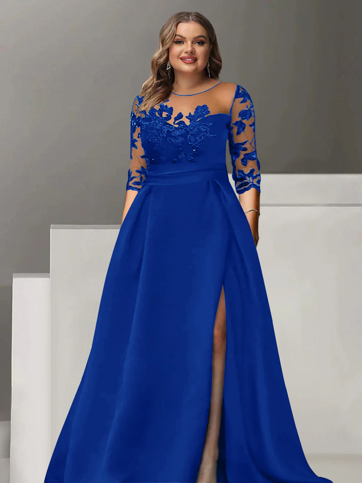 fitted lace wedding dress Sweetheart A-Line Princess Floor-Length Plus Size Mother of The Bride Dress with 3/4 Sleeves Lace & Side Split