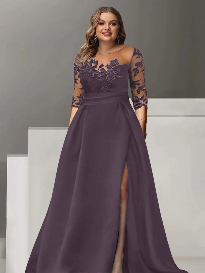 Sweetheart A-Line Princess Floor-Length Plus Size Mother of the Bride Dress with 3/4 Sleeves Lace & Side Split Sweetheart A-Line Princess Floor-Length Plus Size Mother of the Bride Dress with 3/4 Sleeves Lace & Side Split