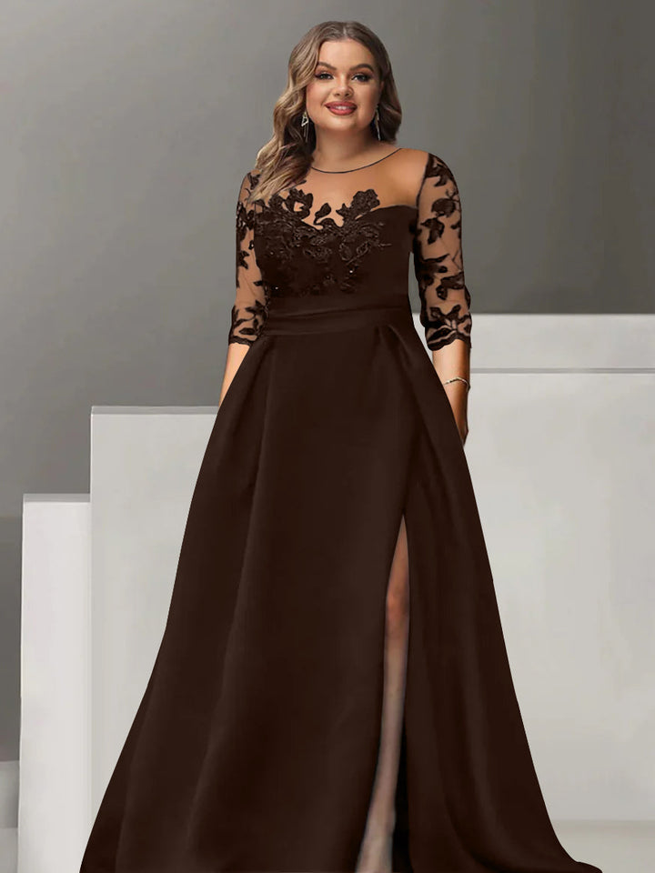 chinese dress ladies Sweetheart A-Line Princess Floor-Length Plus Size Mother of The Bride Dress with 3/4 Sleeves Lace & Side Split