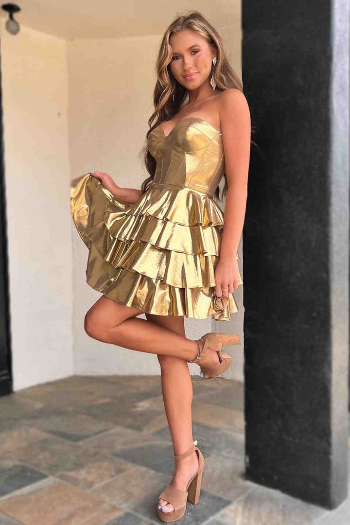 Koscy Sweetheart Gold Metallic A-Line Ruffle Homecoming Dress