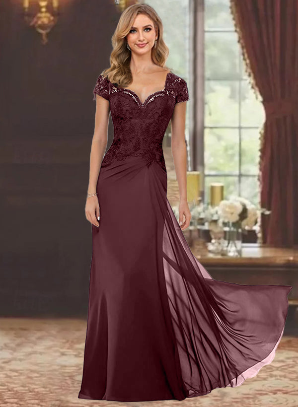 Sweetheart Short-Sleeve Floor-Length Sheath Mother of the Bride Dress with  Lace Appliques & Sequins