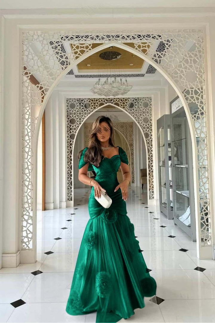Sweetheart Short Sleeves Long Mermaid Formal Dress with Pleated