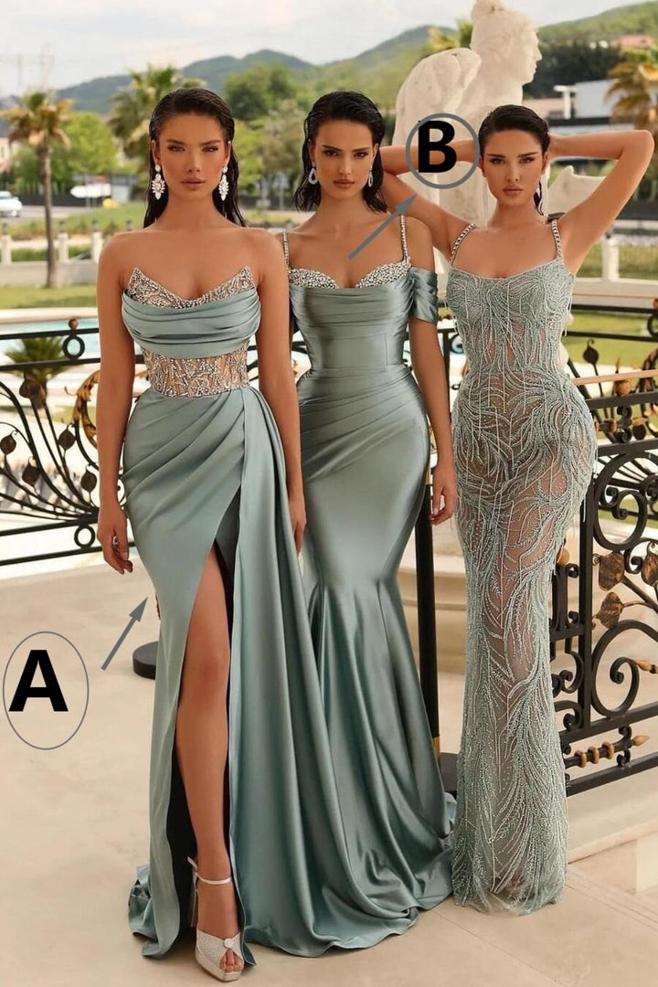 Sweetheart Spaghetti-Strap Mermaid Evening Dress Satin in Chic Light Green  with Split Beadings