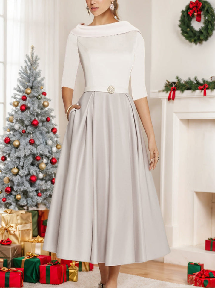 Tea-Length Mother of the Bride A-Line Dress with Jewel Neckline Half Sleeves  Pleats and