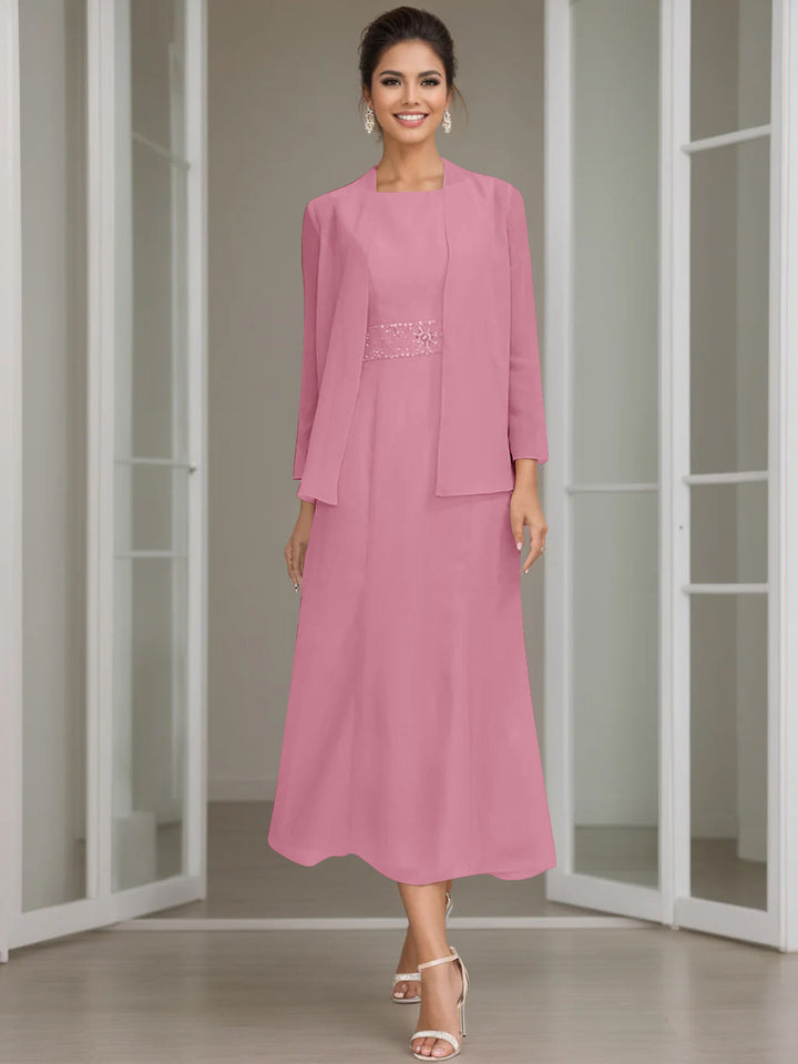 Tea-Length Mother of the Bride Sheath Dress with Beaded Jacket Tea-Length Mother of the Bride Sheath Dress with Beaded Jacket