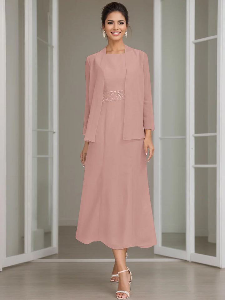 Tea-Length Mother of the Bride Sheath Dress with Beaded Jacket