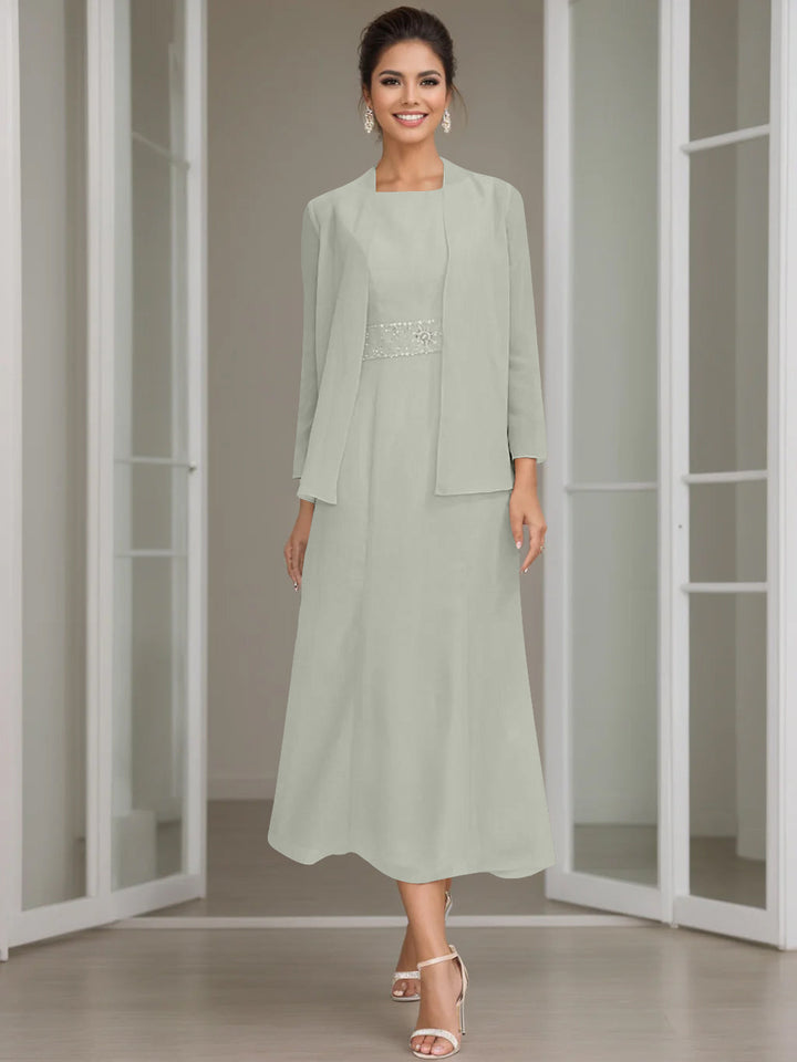 Tea-Length Mother of the Bride Sheath Dress with Beaded Jacket