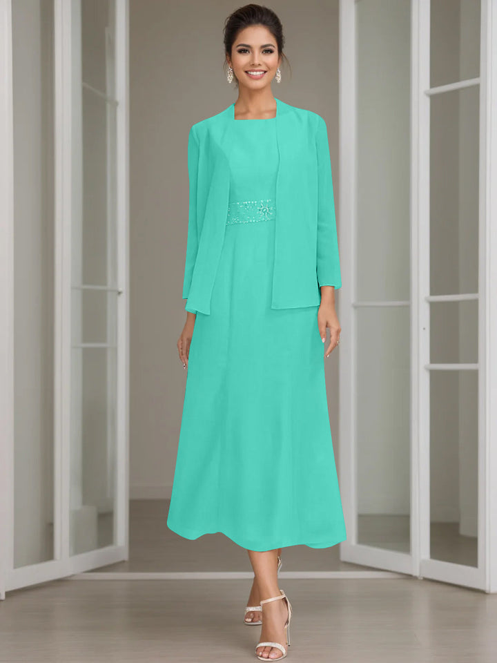 Tea-Length Mother of the Bride Sheath Dress with Beaded Jacket Tea-Length Mother of the Bride Sheath Dress with Beaded Jacket
