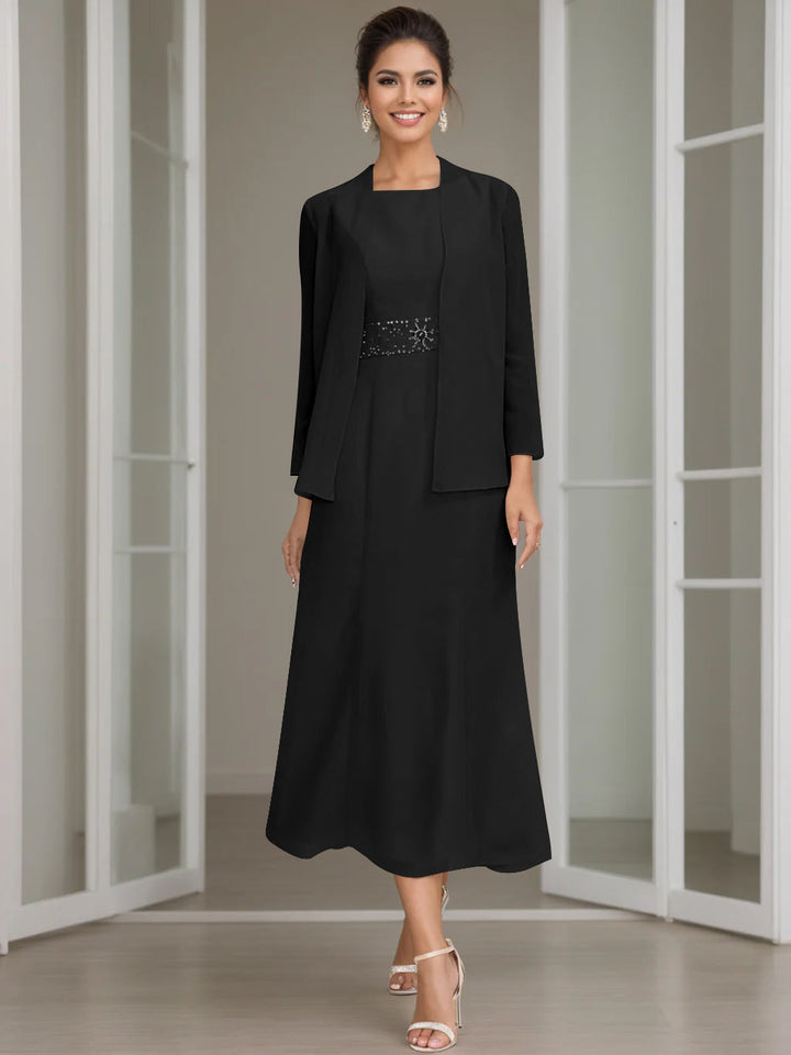 mother of the bride beaded jacket dresses Tea-Length Sheath Dress with dark champagne mother of the bride dress