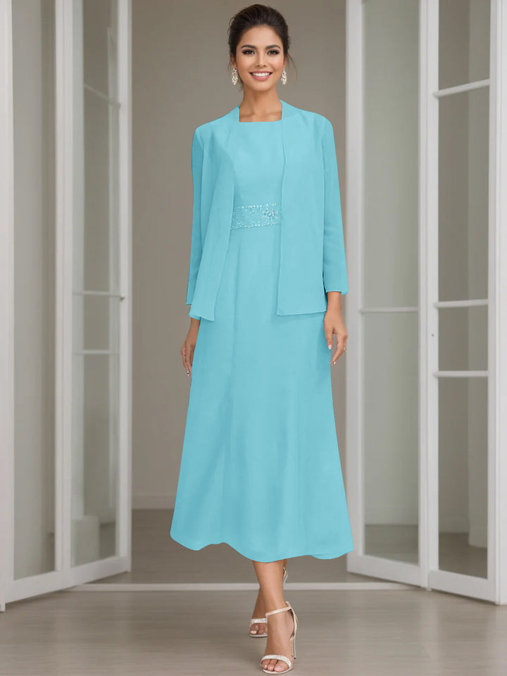 Tea-Length Mother of the Bride Sheath Dress with Beaded Jacket Tea-Length Mother of the Bride Sheath Dress with Beaded Jacket