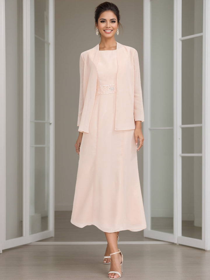 beaded mother of the bride dress with jacket Tea-Length Mother of the Bride Sheath Dress with Beaded Jacket