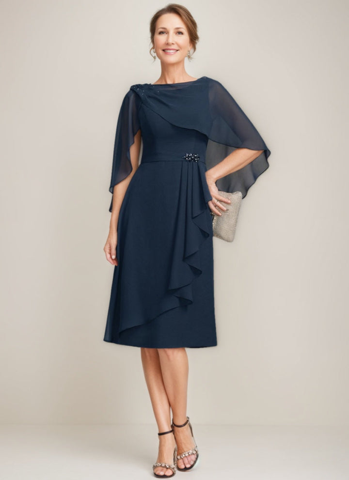 Tea-Length Mother of the Bride Sheath Dress with Detachable Beaded Cape and Ruffles Tea-Length Mother of the Bride Sheath Dress with Detachable Beaded Cape and Ruffles