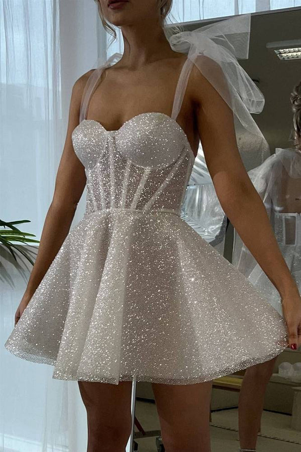 Koscy Tie Shoulder White Spraying A-Line Short Party Dress