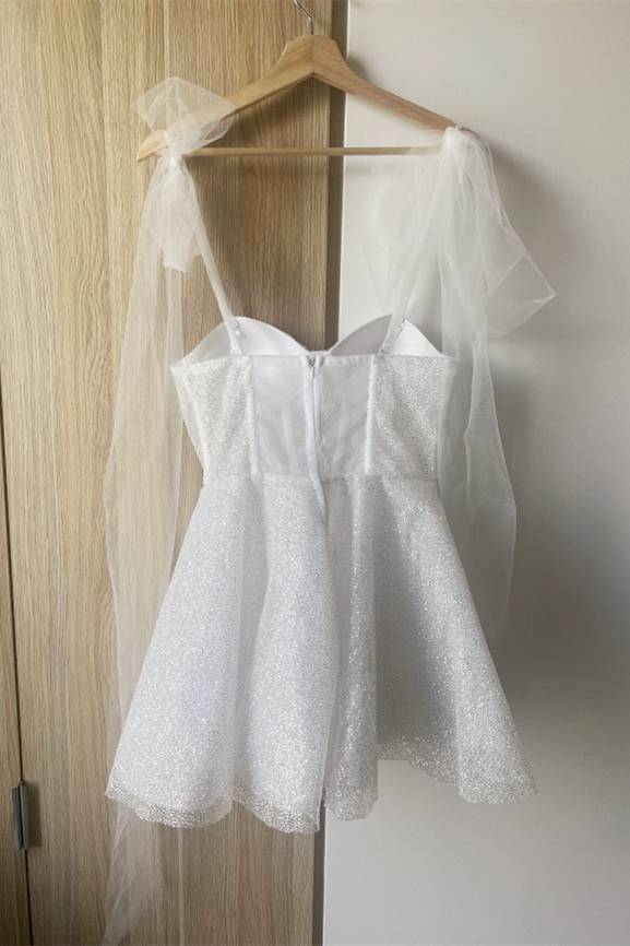 Koscy Tie Shoulder White Spraying A-Line Short Party Dress