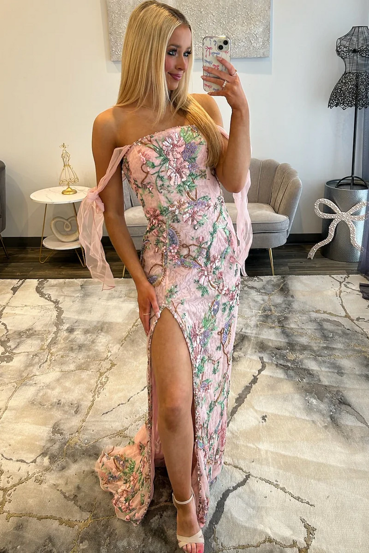 trendy prom dresses Trendy Long Floral Pink Mermaid Strapless Beaded Prom Dress with Slit and Appliques