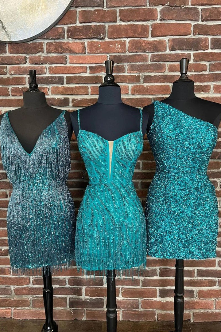 Koscy Trendy Sheath Spaghetti Straps Blue Corset Homecoming Dress with Tassel