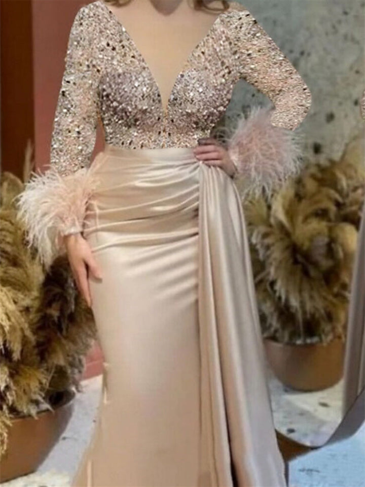 chinese dress ladies Trumpet/Mermaid V-Neck Satin Mother of The Bride Gown with Feather Glitter and Ruched Long Sleeves