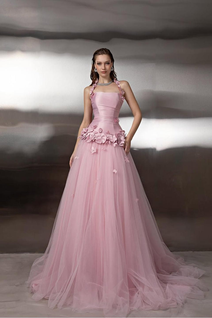 Tulle Halter Sleeveless Long Formal Dress With Appliques Pleated Tulle Halter Sleeveless Long Formal Dress With Appliques Pleated