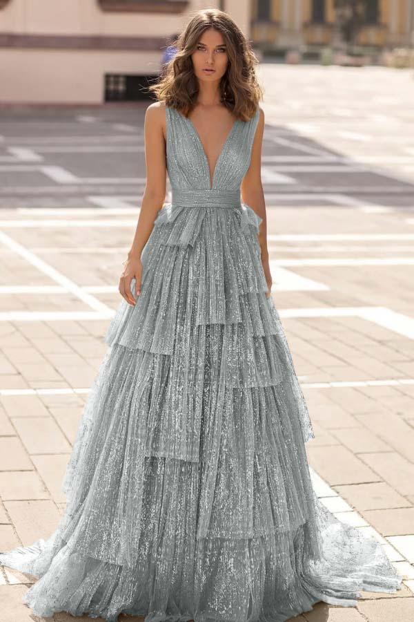 sequin pleated dress Tulle Straps V Neck Sleeveless Long Formal Dress With Sequin Pleated