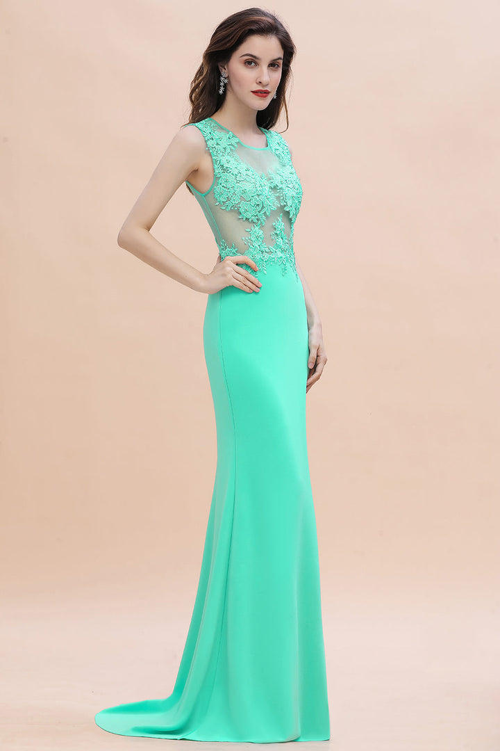 Turquoise Crew neck Cap sleeve Lace appliques Curves/Mermaid Floor Length Dress-koscy