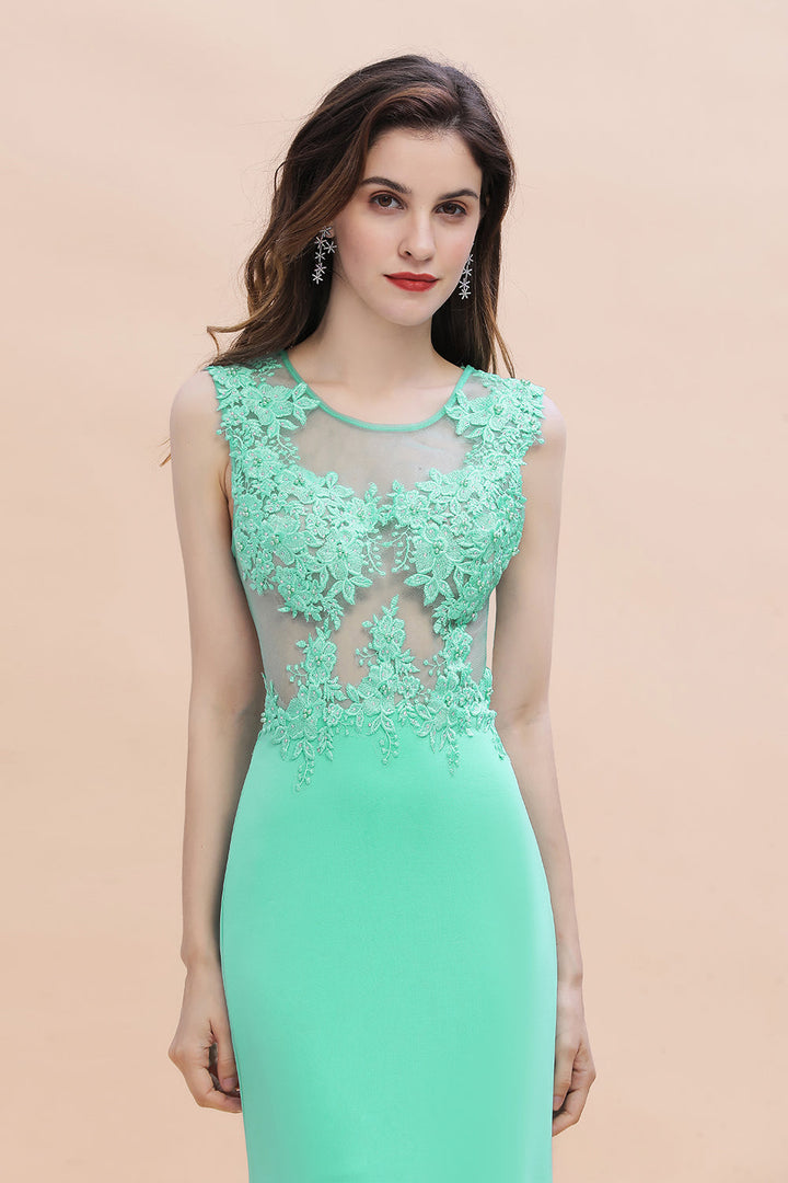 Turquoise Crew neck Cap sleeve Lace appliques Curves/Mermaid Floor Length Dress-koscy