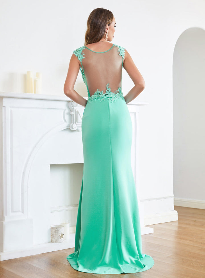 Turquoise Crew neck Cap sleeve Lace appliques Curves/Mermaid Floor Length Dress-koscy