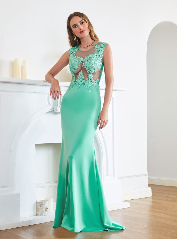 Turquoise Crew neck Cap sleeve Lace appliques Curves/Mermaid Floor Length Dress-koscy